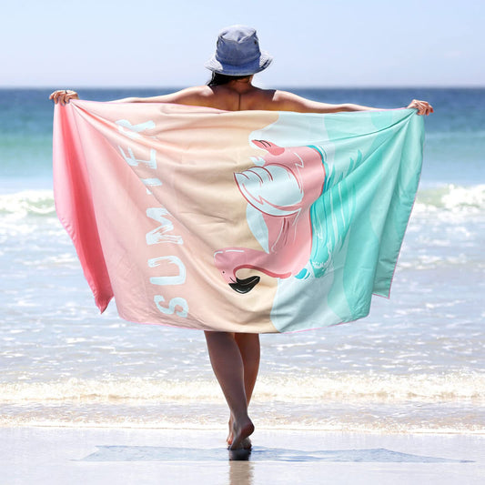 Sand Free Microfibre Beach Towel - Pink Flamingo "Summer" Print Quick Dry Travel Towel 70x150cm(240GSM) - Lightweight Absorbent Bath Sheet for Pool & Holiday