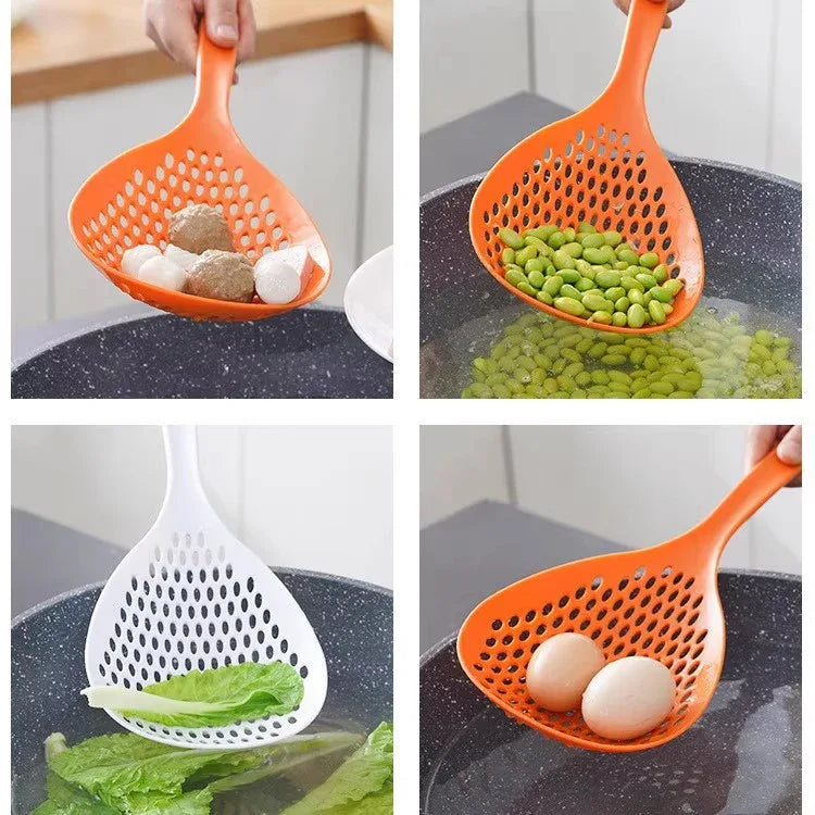 2 Pack Large Skimmer Slotted Spoon Colander Scoop - Long Handle Heat Resistant Food Strainer for Pasta, Noodles & Dumplings - White & Orange - Mekamart Australia