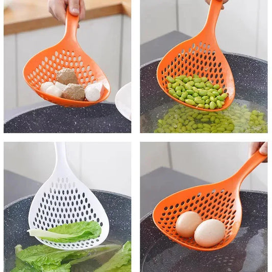 2 Pack Large Skimmer Slotted Spoon Colander Scoop - Long Handle Heat Resistant Food Strainer for Pasta, Noodles & Dumplings - White & Orange - Mekamart Australia