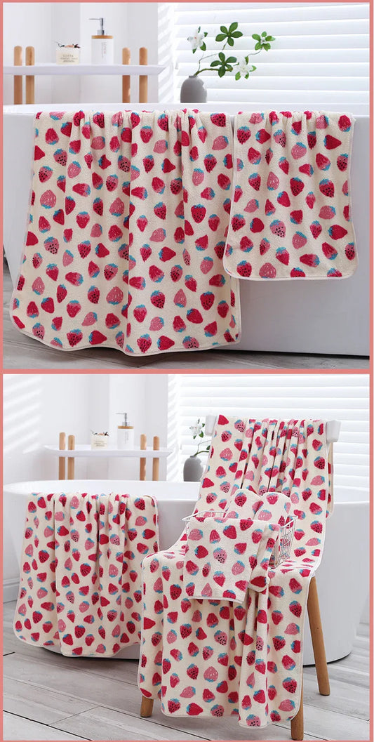 2 Pack Strawberry Coral Fleece Bath Towel Set - Ultra Soft Absorbent Microfibre Bathroom Towels with Hanging Loop - 70x140cm & 35x75cm - Mekamart Australia