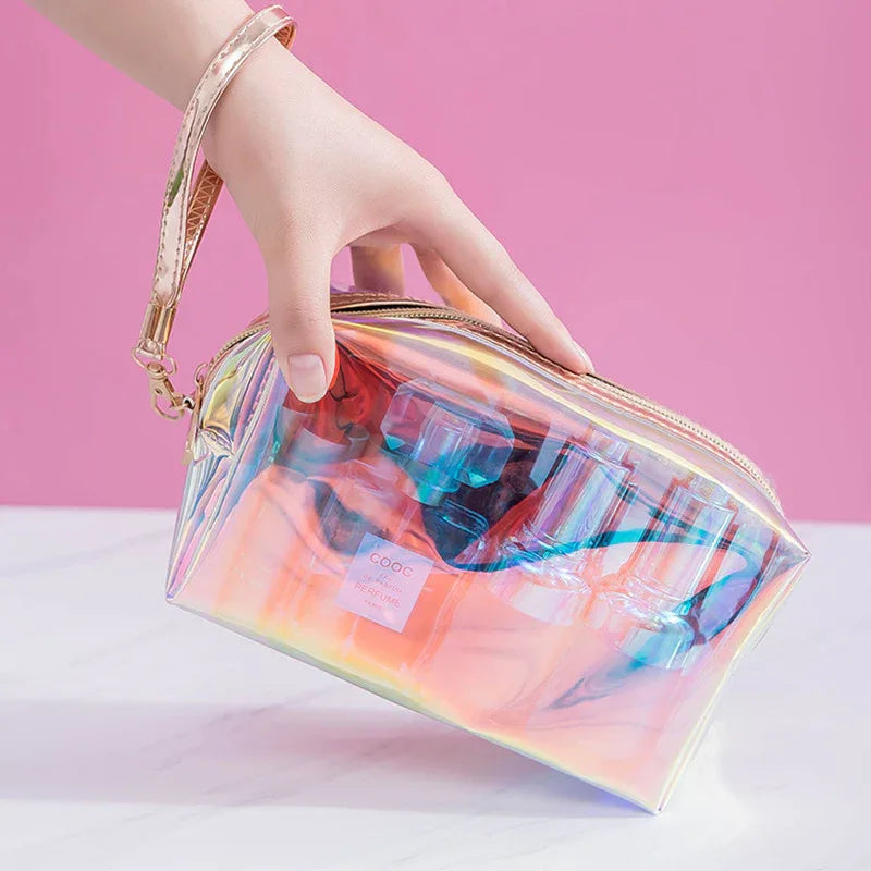 Holographic TPU Cosmetic Bag - Waterproof Iridescent Makeup Pouch with Wrist Strap - Transparent Travel Toiletry Organiser - 18.5cm - Mekamart Australia