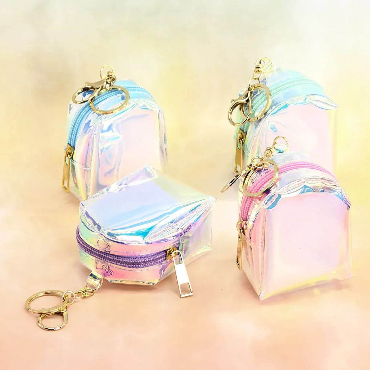 4 PCS Holographic Mini Backpack Coin Purses - Iridescent TPU Keyring Pouch - Small Waterproof Storage for Earbuds, Keys & Lipstick - Cute Bag Charm Accessory - Mekamart Australia