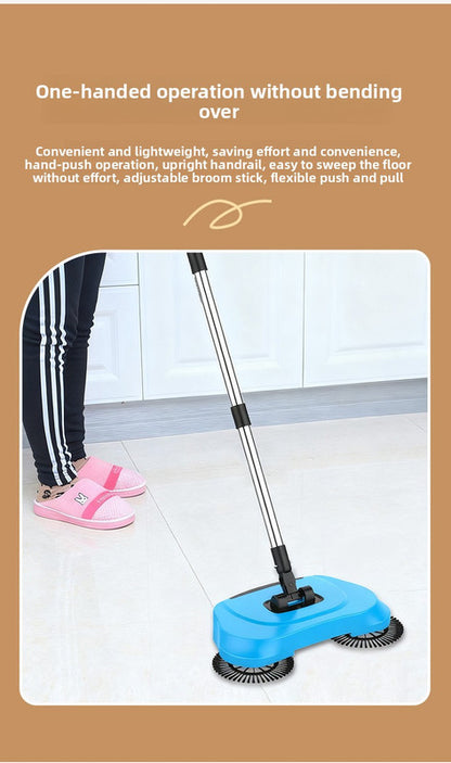 3-in-1 Hand Push Floor Sweeper - Manual Spinning Broom, Dustpan & Mop Combo - Silent Non-Electric Cleaning for Hardwood & Tiles - Vitality Red