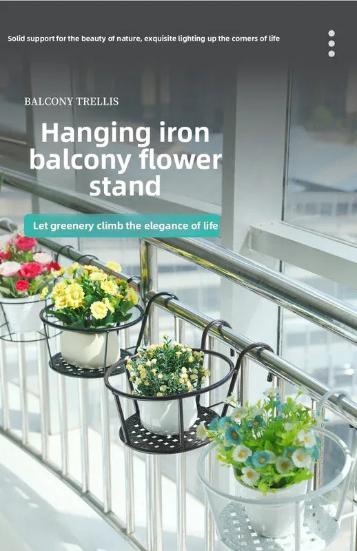 Hanging Flower Pot Holder Metal Balcony Railing Planter Basket Round Iron Rack with Mesh Bottom Fits up to 6cm Rail for Fence & Patio White - Mekamart Australia
