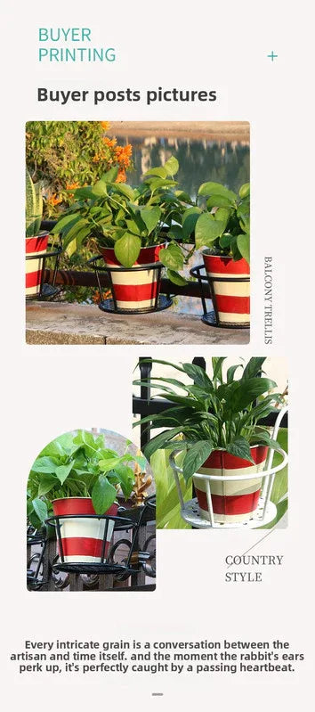 Hanging Flower Pot Holder Metal Balcony Railing Planter Basket Round Iron Rack with Mesh Bottom Fits up to 6cm Rail for Fence & Patio White - Mekamart Australia