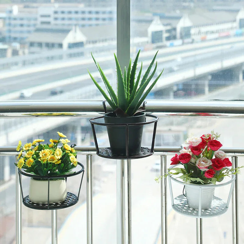 Hanging Flower Pot Holder Metal Balcony Railing Planter Basket Round Iron Rack with Mesh Bottom Fits up to 6cm Rail for Fence & Patio Brown - Mekamart Australia