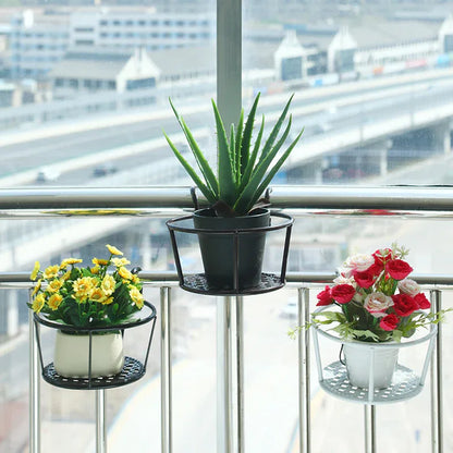 Hanging Flower Pot Holder Metal Balcony Railing Planter Basket Round Iron Rack with Mesh Bottom Fits up to 6cm Rail for Fence & Patio Brown - Mekamart Australia