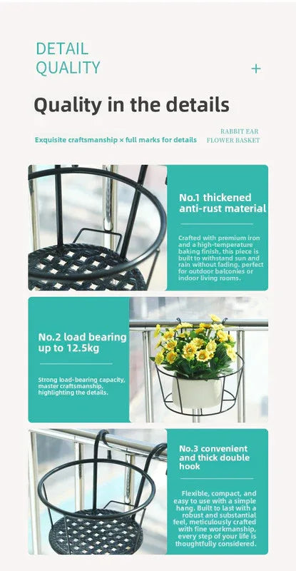 Hanging Flower Pot Holder Metal Balcony Railing Planter Basket Round Iron Rack with Mesh Bottom Fits up to 6cm Rail for Fence & Patio Black - Mekamart Australia