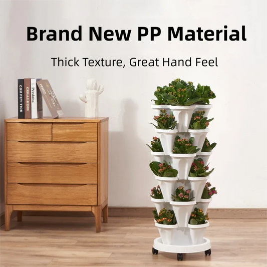 White 3-Tier Stackable Strawberry & Vegetable Planter with Mobile Wheel Tray - Space-Saving Vertical Gardening System - Mekamart Australia