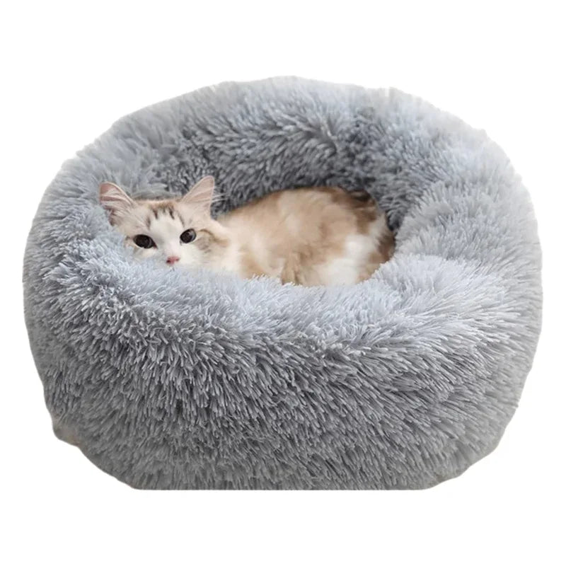 Grey Cozy Donut Long Plush Cat & Dog Calming Bed(Diameter 50cm) - Double-Layer PP Cotton Filling Warming Pet Bed with Anti-Slip Base & Free Blanket - Mekamart Australia
