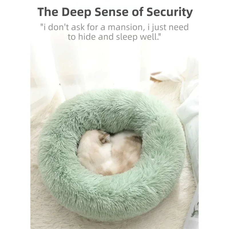 Grey Cozy Donut Long Plush Cat & Dog Calming Bed(Diameter 50cm) - Double-Layer PP Cotton Filling Warming Pet Bed with Anti-Slip Base & Free Blanket - Mekamart Australia