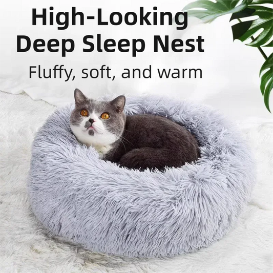 Pink Cozy Donut Long Plush Cat & Dog Calming Bed(Diameter 50cm) - Double-Layer PP Cotton Filling Warming Pet Bed with Anti-Slip Base & Free Blanket - Mekamart Australia