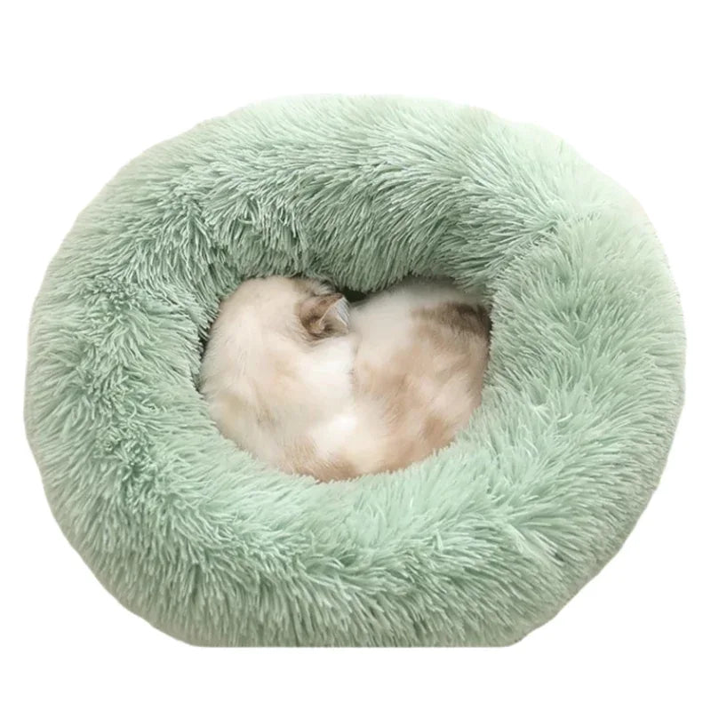 Green Cozy Donut Long Plush Cat & Dog Calming Bed(Diameter 50cm) - Double-Layer PP Cotton Filling Warming Pet Bed with Anti-Slip Base & Free Blanket - Mekamart Australia
