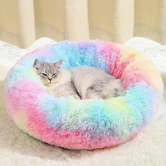Rainbow Colors Cozy Donut Long Plush Cat & Dog Calming Bed(Diameter 50cm) - Double-Layer PP Cotton Filling Warming Pet Bed with Anti-Slip Base & Free Blanket - Mekamart Australia