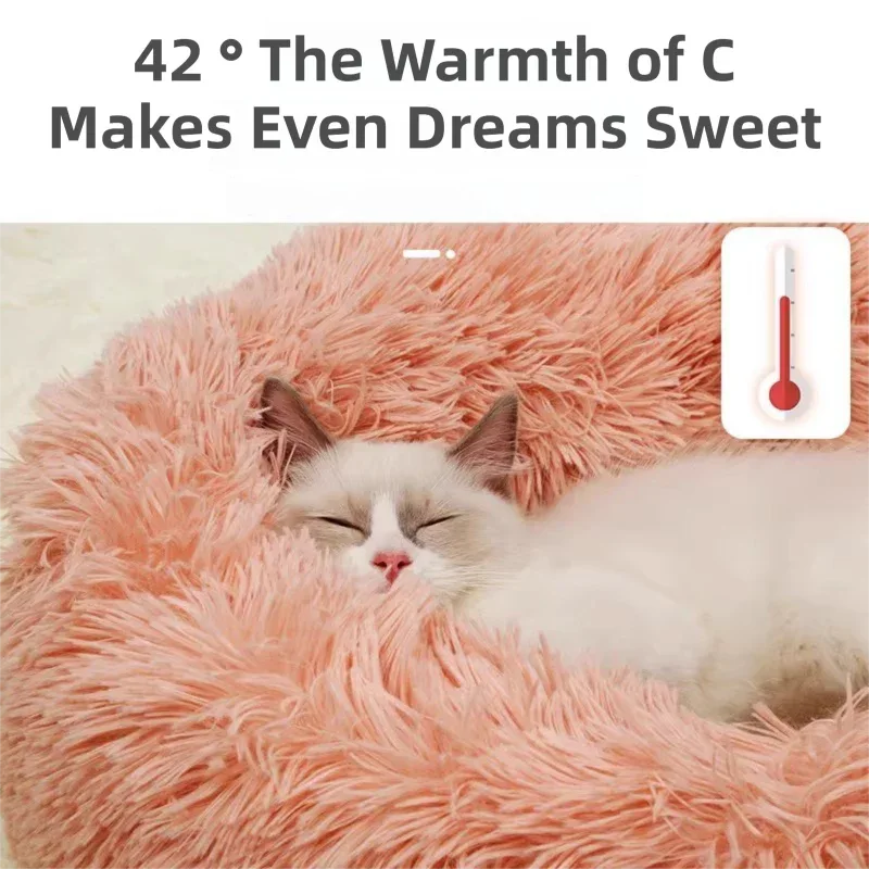 Rainbow Colors Cozy Donut Long Plush Cat & Dog Calming Bed(Diameter 50cm) - Double-Layer PP Cotton Filling Warming Pet Bed with Anti-Slip Base & Free Blanket - Mekamart Australia