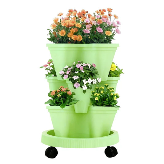 Green 3-Tier Stackable Strawberry & Vegetable Planter with Mobile Wheel Tray - Space-Saving Vertical Gardening System - Mekamart Australia