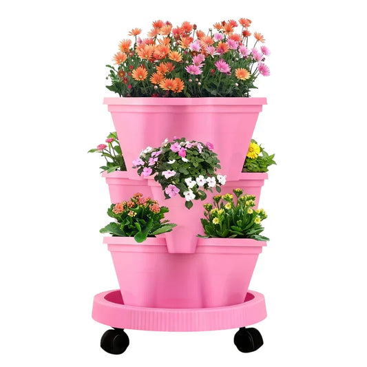 Pink 3-Tier Stackable Strawberry & Vegetable Planter with Mobile Wheel Tray - Space-Saving Vertical Gardening System - Mekamart Australia