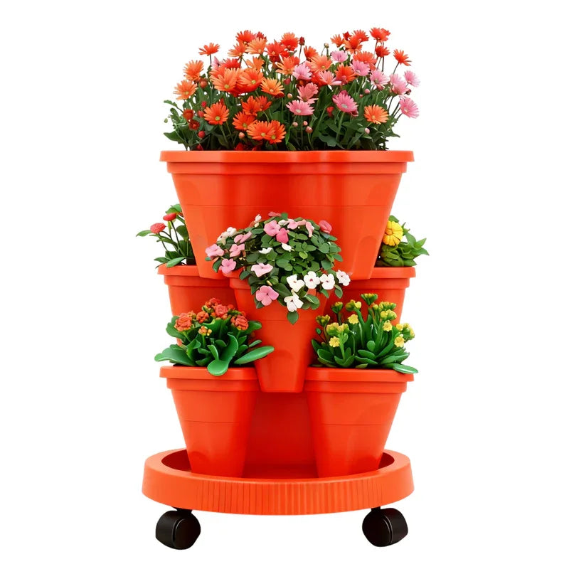 Red 3-Tier Stackable Strawberry & Vegetable Planter with Mobile Wheel Tray - Space-Saving Vertical Gardening System - Mekamart Australia