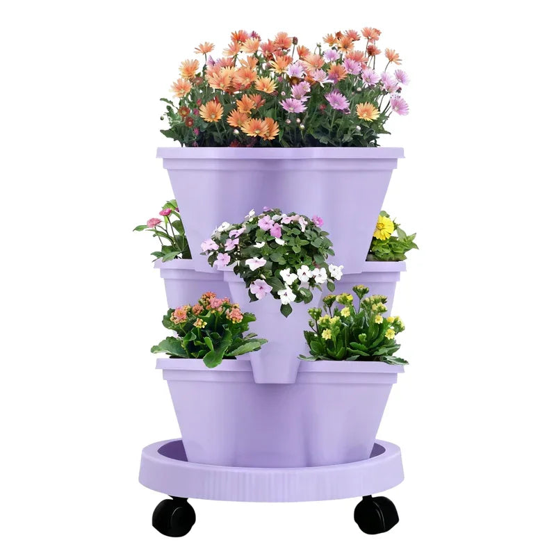 Purple 3-Tier Stackable Strawberry & Vegetable Planter with Mobile Wheel Tray - Space-Saving Vertical Gardening System - Mekamart Australia