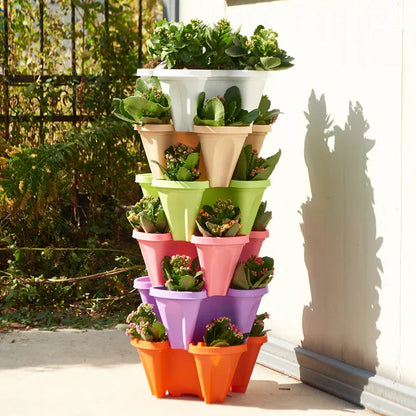 Purple 3-Tier Stackable Strawberry & Vegetable Planter with Mobile Wheel Tray - Space-Saving Vertical Gardening System - Mekamart Australia
