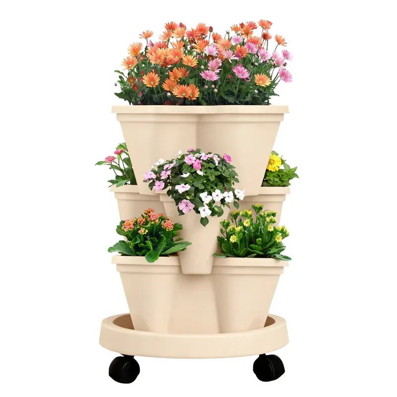 Beige 3-Tier Stackable Strawberry & Vegetable Planter with Mobile Wheel Tray - Space-Saving Vertical Gardening System - Mekamart Australia