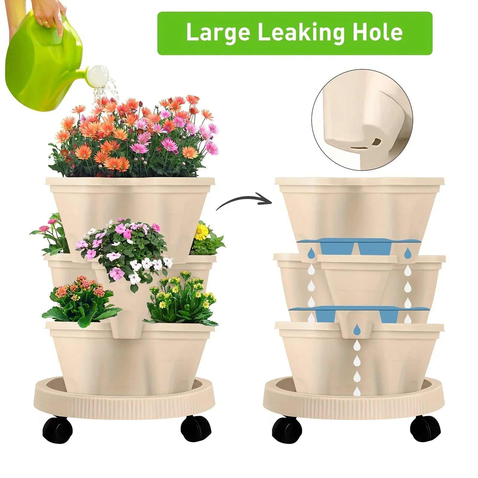 Beige 3-Tier Stackable Strawberry & Vegetable Planter with Mobile Wheel Tray - Space-Saving Vertical Gardening System - Mekamart Australia