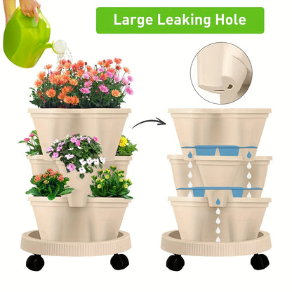Beige 3-Tier Stackable Strawberry & Vegetable Planter with Mobile Wheel Tray - Space-Saving Vertical Gardening System - Mekamart Australia