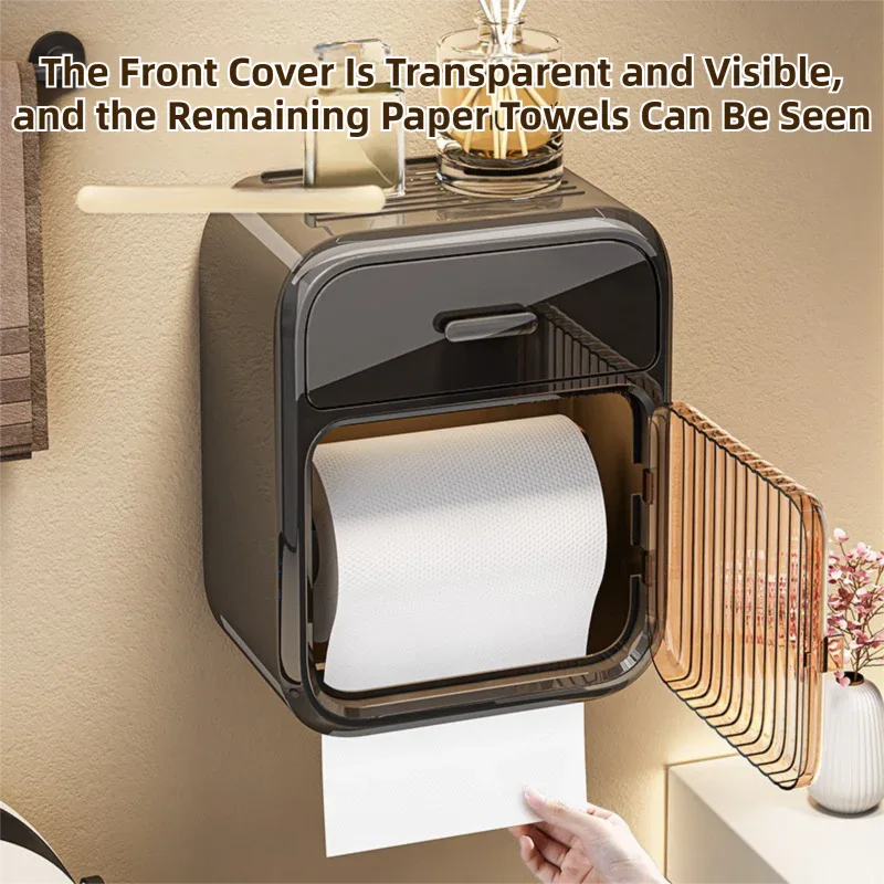 Latte No-Drill Wall Mounted Toilet Paper Holder with Storage Shelf and Drawer - Waterproof Bathroom Tissue Dispenser for Roll & Face Tissue - Mekamart Australia