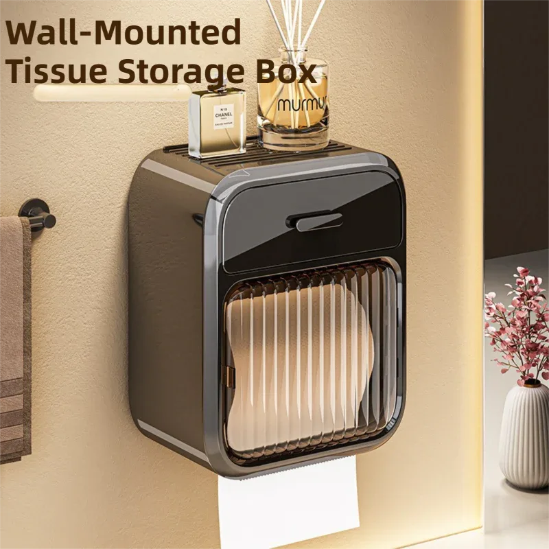 Black No-Drill Wall Mounted Toilet Paper Holder with Storage Shelf and Drawer - Waterproof Bathroom Tissue Dispenser for Roll & Face Tissue - Mekamart Australia