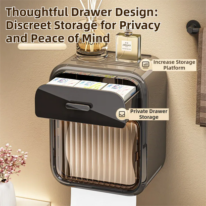 Black No-Drill Wall Mounted Toilet Paper Holder with Storage Shelf and Drawer - Waterproof Bathroom Tissue Dispenser for Roll & Face Tissue - Mekamart Australia