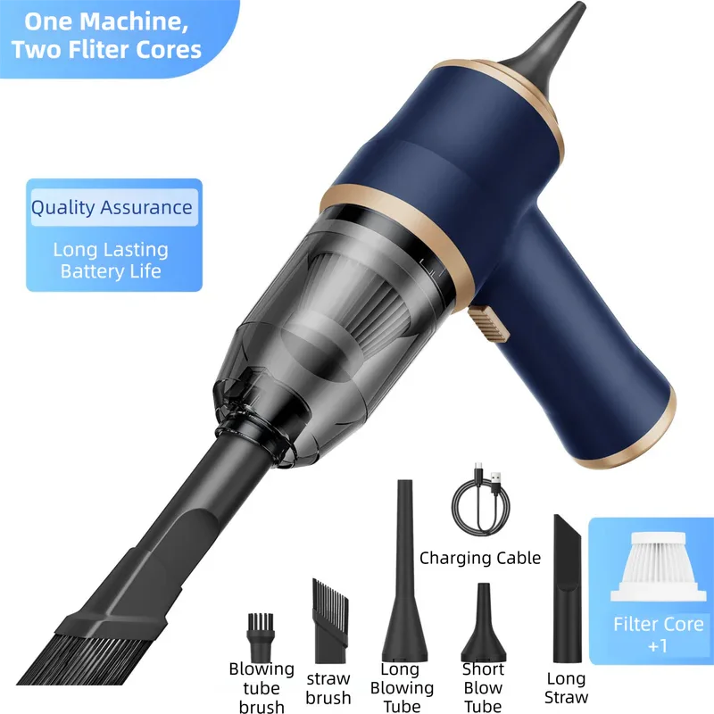 4-in1 Blue Wireless Compact Handheld Car Vacuum Cleaner & Air Duster with 5 Nozzles/Brushes- 15000 Pa Ultra-Powerful Blower/Suction Tool for Auto, Home & Office - Mekamart Australia