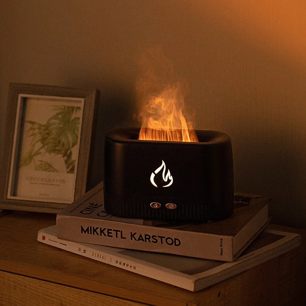 Black 3D Simulation Flame Aroma Diffuser & Humidifier - Ultrasonic Desktop Mister with 7-Color LED Light and Automatic Scent Spray (200ML) - Mekamart Australia