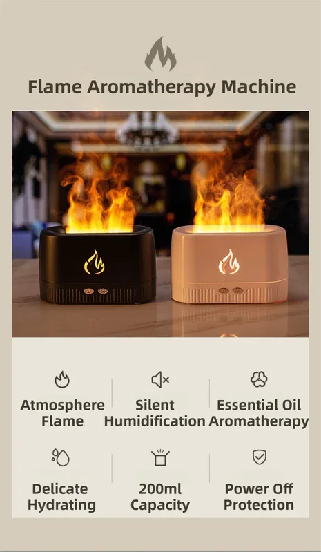 Black 3D Simulation Flame Aroma Diffuser & Humidifier - Ultrasonic Desktop Mister with 7-Color LED Light and Automatic Scent Spray (200ML) - Mekamart Australia