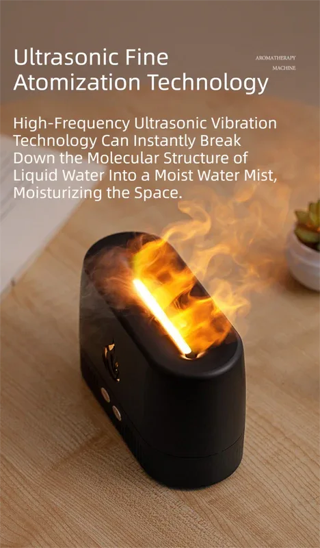 Black 3D Simulation Flame Aroma Diffuser & Humidifier - Ultrasonic Desktop Mister with 7-Color LED Light and Automatic Scent Spray (200ML) - Mekamart Australia