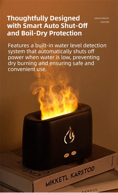 Black 3D Simulation Flame Aroma Diffuser & Humidifier - Ultrasonic Desktop Mister with 7-Color LED Light and Automatic Scent Spray (200ML) - Mekamart Australia