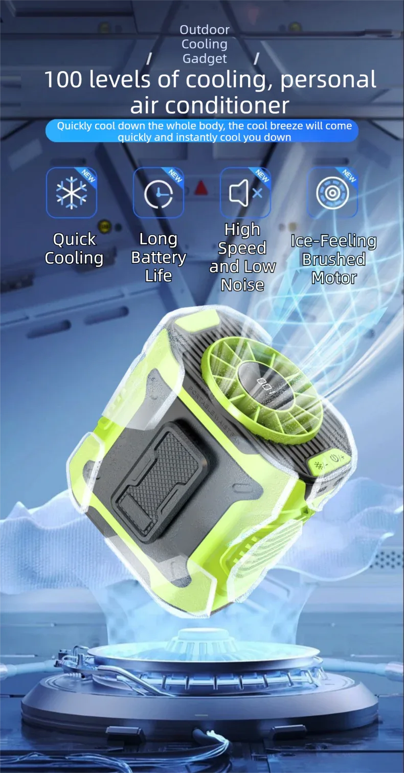 Dark Green Portable Waist Fan - Construction Site Cooling Solution with 360° Turbo Ice Engine, 100 Speed Gears, and LED Light - Mekamart Australia