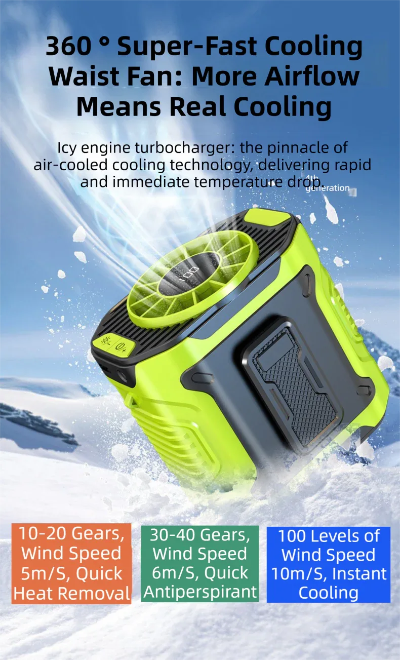 Dark Green Portable Waist Fan - Construction Site Cooling Solution with 360° Turbo Ice Engine, 100 Speed Gears, and LED Light - Mekamart Australia