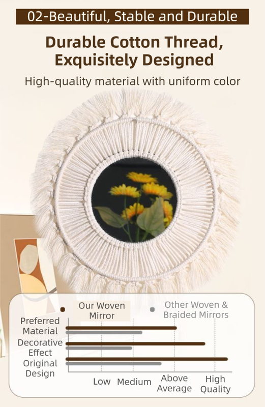 M0864 Bohemian Macrame Wall Hanging Mirror with Hand-Woven Petal Accents - Artistic Round Fringe Mirror for Home Decor