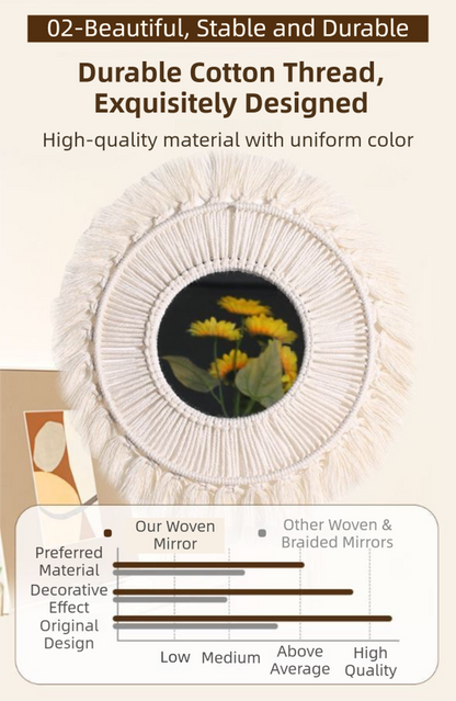 M0864 Bohemian Macrame Wall Hanging Mirror with Hand-Woven Petal Accents - Artistic Round Fringe Mirror for Home Decor