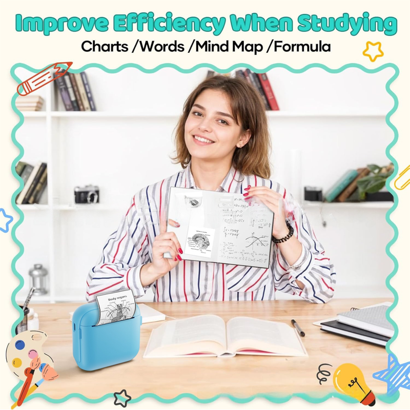 Blue X6 Mini Portable Bluetooth Instant Photo & Note Printer for Students - Deluxe 20-Piece Gift Set with 12 Paper Rolls, Color Pens & Storage Bag
