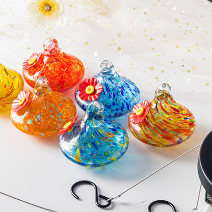 Outdoor Hand-Blown Glass Bird Feeder - Durable Weather-Proof Bird Waterer, Includes Funnel & Hanging Rope (Single - Orange Dot)