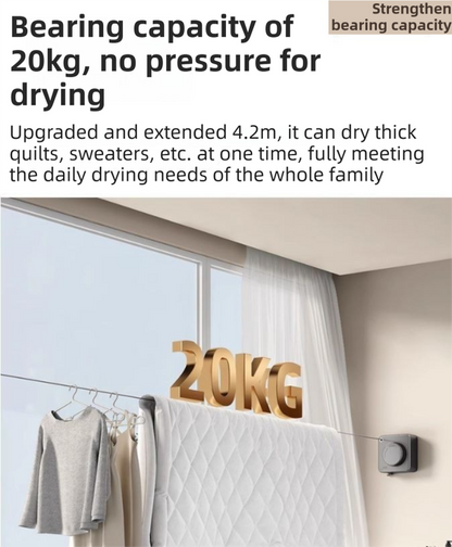 Black 4.2M Heavy Duty Invisible Retractable Clothesline - Rustproof & Drill-Free Laundry Hanger with 20kg Load Capacity