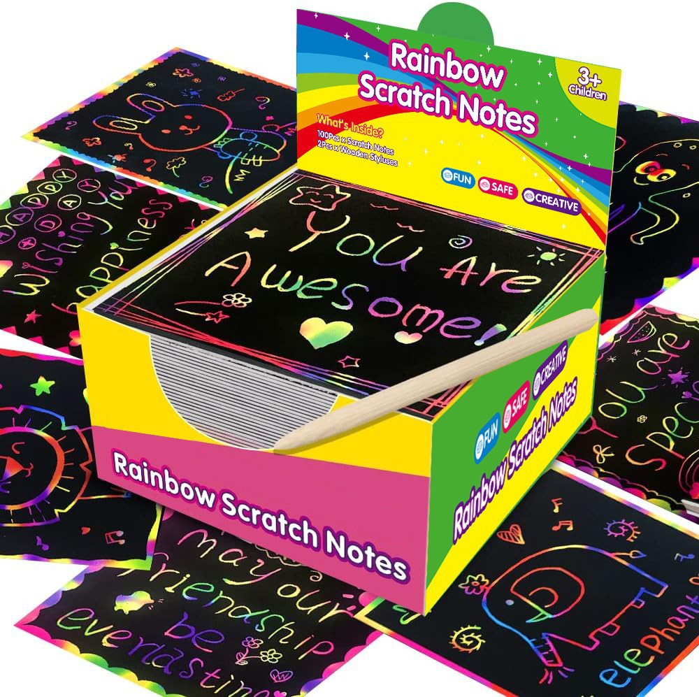 Green Rainbow Scratch Art Paper Notes 200 Sheets 2 Pack with Wooden Styluses for Kids DIY Drawing Mess-Free Creative Toy for Local Home and School Activities