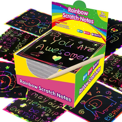 Green Rainbow Scratch Art Paper Notes 200 Sheets 2 Pack with Wooden Styluses for Kids DIY Drawing Mess-Free Creative Toy for Local Home and School Activities