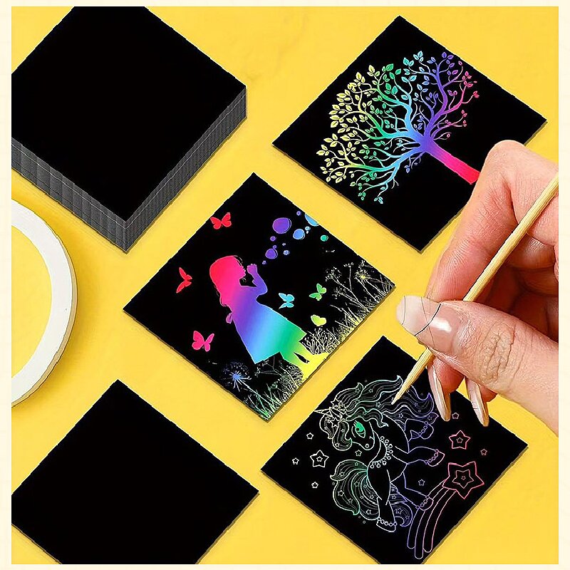 Green Rainbow Scratch Art Paper Notes 200 Sheets 2 Pack with Wooden Styluses for Kids DIY Drawing Mess-Free Creative Toy for Local Home and School Activities