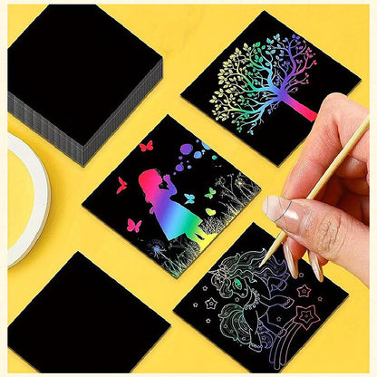 Green Rainbow Scratch Art Paper Notes 200 Sheets 2 Pack with Wooden Styluses for Kids DIY Drawing Mess-Free Creative Toy for Local Home and School Activities