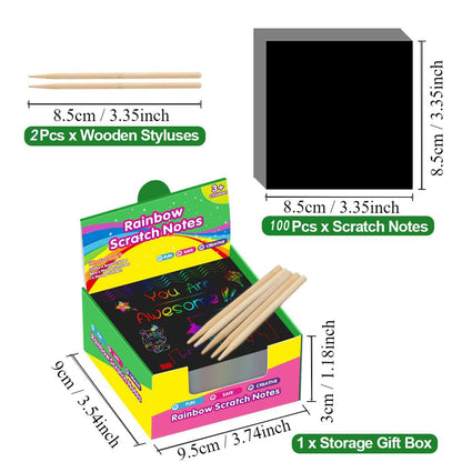 Green Rainbow Scratch Art Paper Notes 200 Sheets 2 Pack with Wooden Styluses for Kids DIY Drawing Mess-Free Creative Toy for Local Home and School Activities