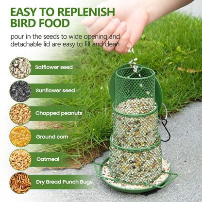 Circular Retractable Metal Hanging Bird Feeder 3-Tier Mesh Design Weatherproof Outdoor Wild Bird Feeding Station for Local Garden and Backyard Support
