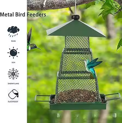 Square Retractable Metal Hanging Bird Feeder 3-Tier Mesh Design Weatherproof Outdoor Wild Bird Feeding Station for Local Garden and Backyard Support