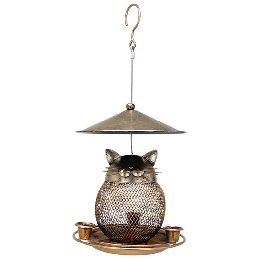 Fine mesh strainer + 3 water cups + lids Whimsical Cat Shaped Metal Bird Feeder Hanging Mesh Wild Bird Seed Holder for Garden Courtyard Decorative Feeding Solution for Local Wildlife Lovers